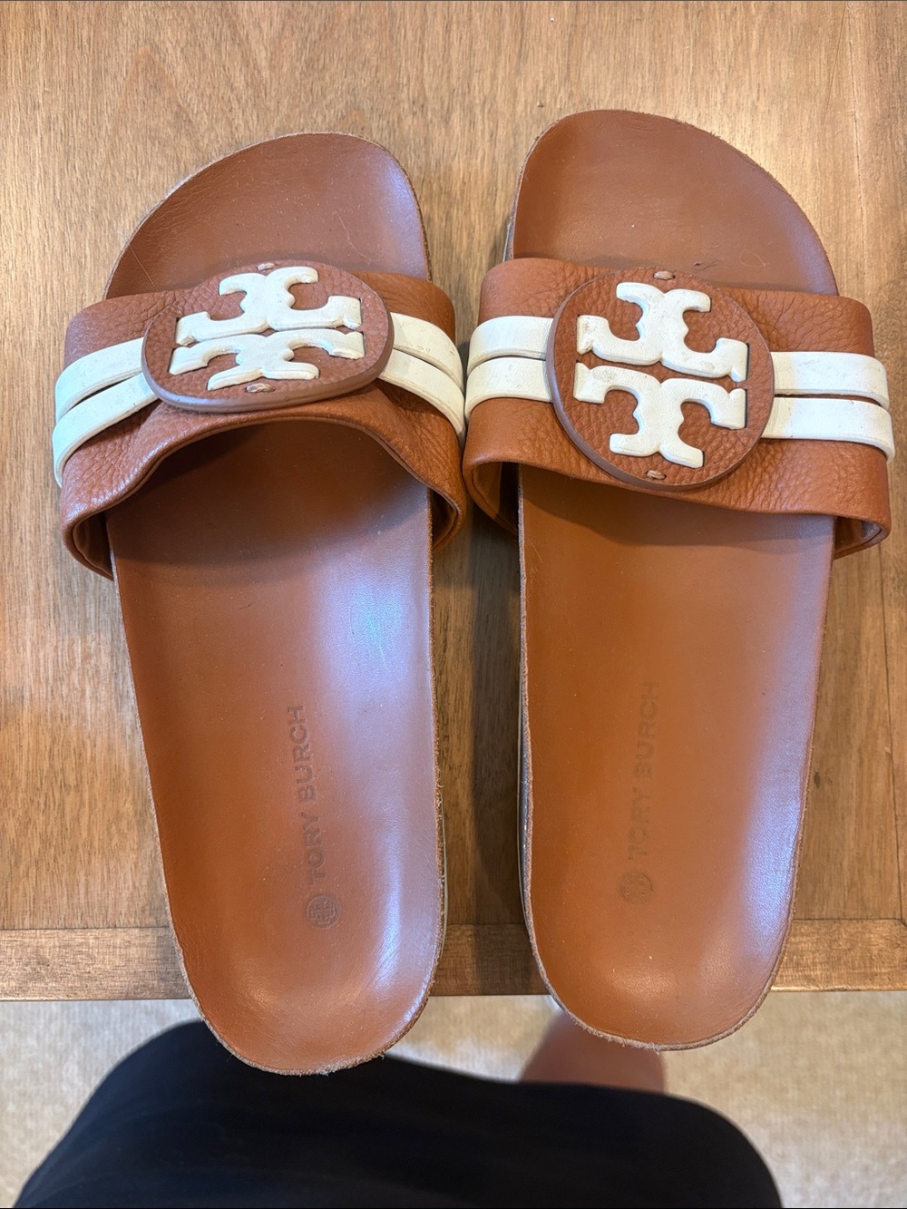 Tory Burch Leather Slide Sandals — Cognac & White Logo